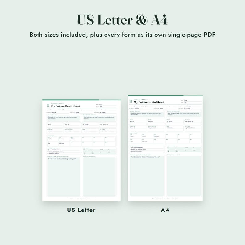 Puede incluir: Dos formularios digitales de hoja de seguimiento de pacientes en tama&ntilde;os US Letter y A4. Los documentos presentan un fondo blanco con detalles en verde oscuro, incluyendo campos para datos del paciente, notas m&eacute;dicas y tareas, titulados My Patient Brain Sheet.
