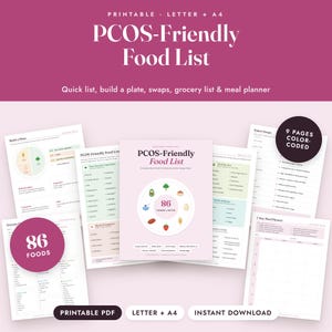 PCOS Food List Printable, PCOS Diet Grocery List, Meal Planner, Habit Tracker, Letter A4 Bild 1