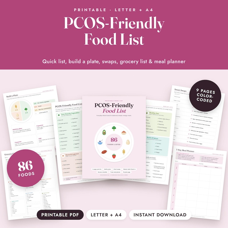 PCOS Food List Printable, PCOS Diet Grocery List, Meal Planner, Habit Tracker, Letter A4 Bild 1