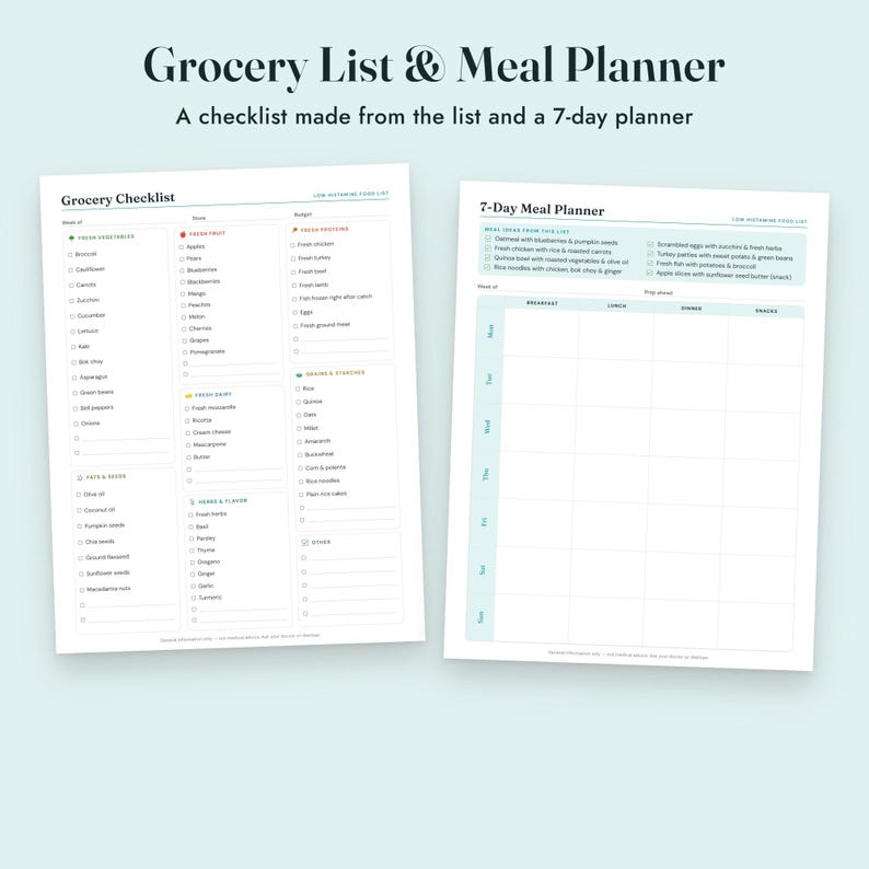 Low Histamine Food List Printable, Histamine Diet Grocery List, Food Diary, Letter A4 imagen 7