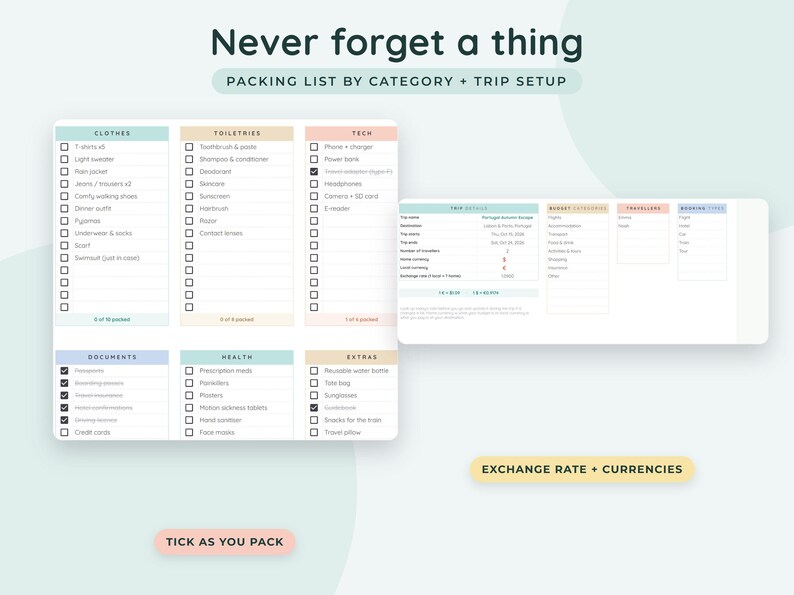 Travel Planner Google Sheets, Trip Itinerary Template, Vacation Budget Spreadsheet, Packing List Checklist image 6