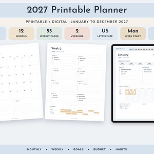 2027 Printable Planner, Monthly Weekly Calendar Pages, US Letter PDF plus Hyperlinked Digital Version image 1