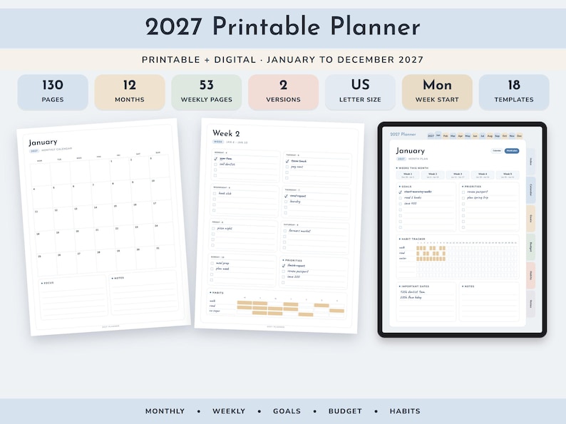 2027 Printable Planner, Monthly Weekly Calendar Pages, US Letter PDF plus Hyperlinked Digital Version image 1