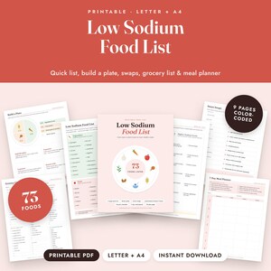 Low Sodium Food List Printable, Heart Healthy Grocery List, Sodium Tracker, Letter A4 image 1