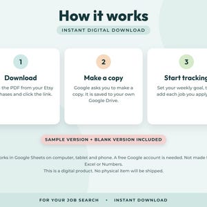May include: An infographic titled How it works with the subtitle INSTANT DIGITAL DOWNLOAD. Three white boxes numbered 1, 2, and 3 explain the process: Download, Make a copy, and Start tracking. Includes text about Google Sheets and job search.