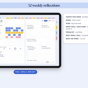May include: A digital habit journal displayed on a tablet screen, featuring a weekly reflection layout with sections for habits, mood tracking, wins, and gratitude. The interface includes colorful tabs, checkboxes, and text fields for daily entries.