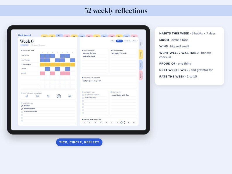 May include: A digital habit journal displayed on a tablet screen, featuring a weekly reflection layout with sections for habits, mood tracking, wins, and gratitude. The interface includes colorful tabs, checkboxes, and text fields for daily entries.