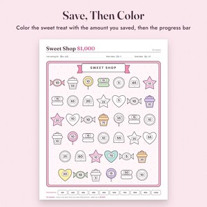 Savings Challenge Printable, Sweet Shop Candy Color In Tracker, 500 to 10000, Letter A4 image 4