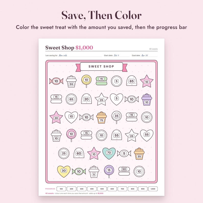 Savings Challenge Printable, Sweet Shop Candy Color In Tracker, 500 to 10000, Letter A4 image 4