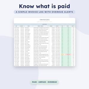 May include: A digital invoice log spreadsheet template titled Know what is paid, A simple invoice log with overdue alerts. The table displays columns for date, invoice number, client, project, amount, due date, and status, with rows marked as paid or overdue.