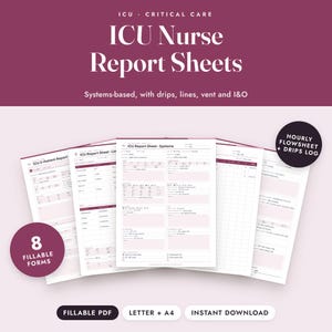Nurse Report Sheet ICU, Fillable Critical Care Brain Sheet, Drips, Flowsheet, SBAR, Letter A4 image 1