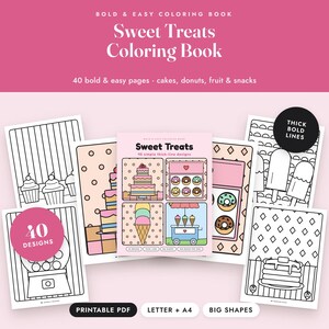 Livro de colorir simples e divertido: Doces Deliciosos, 40 páginas para imprimir, PDF com desenhos simples de comida para colorir imagem 1