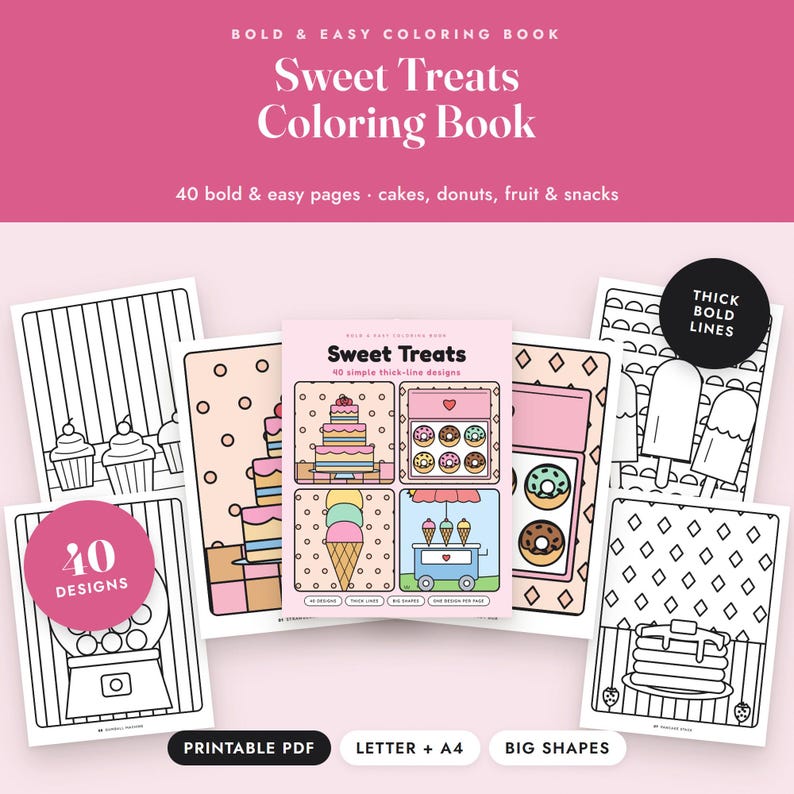 Livro de colorir simples e divertido: Doces Deliciosos, 40 páginas para imprimir, PDF com desenhos simples de comida para colorir imagem 1