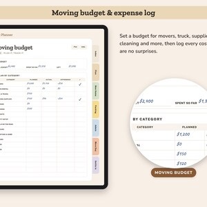 Puede incluir: Un planificador digital de presupuesto y gastos de mudanza en una pantalla de tableta. La interfaz presenta una tabla para realizar un seguimiento de los costos planificados frente a los reales para categor&iacute;as como mudanzas y suministros.