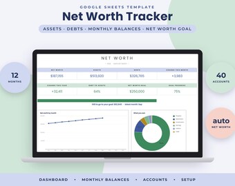 May include: A Google Sheets template for a Net Worth Tracker displayed on a laptop screen. The dashboard features tables for assets, debts, and monthly balances, a line graph showing net worth by month, and a pie chart for asset distribution.