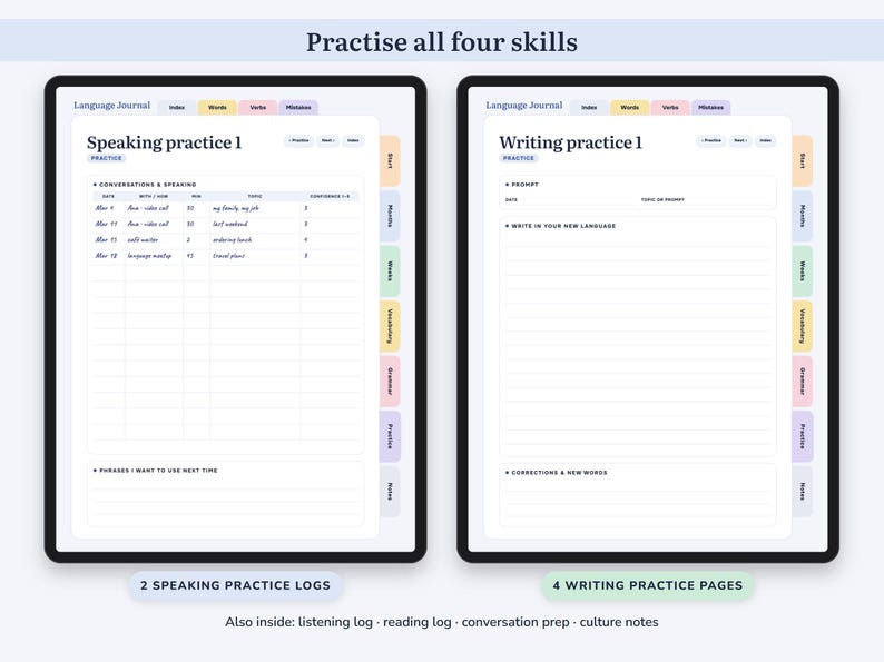 Printbaar taalleerdagboek, woordenlijst, werkwoordvervoeging, studieplanner, grammaticanotities, digitaal afbeelding 7
