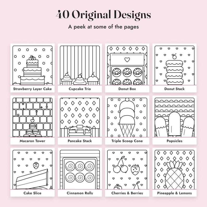 Livro de colorir simples e divertido: Doces Deliciosos, 40 páginas para imprimir, PDF com desenhos simples de comida para colorir imagem 3