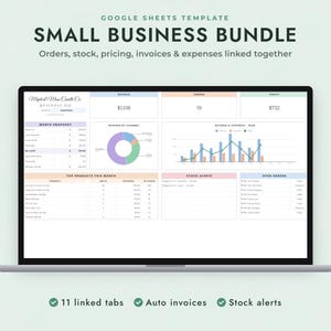 May include: A Google Sheets template for a small business bundle displayed on a laptop screen. The dashboard features sections for revenue, orders, profit, a month snapshot, a pie chart, a bar graph, stock alerts, and a list of open orders.