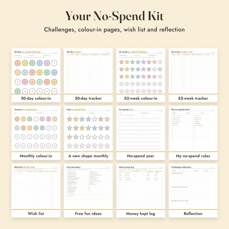 No Spend Challenge Printable, 30 Day, 52 Week, Monthly Color In Tracker, Letter A4 image 3