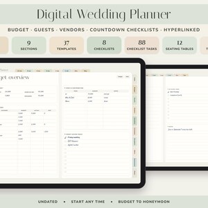 May include: A digital wedding planner displayed on two tablet screens, featuring a budget overview page with tables for expenses and categories. The interface includes navigation tabs, 66 pages, 9 sections, 37 templates, 8 checklists, 88 tasks, and 12 seating tables. The design is clean with a neutral color palette.