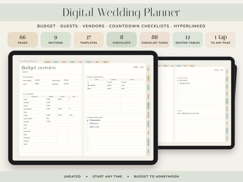 May include: A digital wedding planner displayed on two tablet screens, featuring a budget overview page with tables for expenses and categories. The interface includes navigation tabs, 66 pages, 9 sections, 37 templates, 8 checklists, 88 tasks, and 12 seating tables. The design is clean with a neutral color palette.