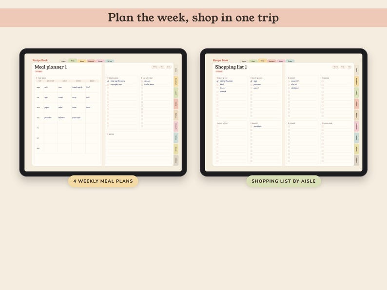 Digital Recipe Book, Hyperlinked Cookbook Template with 84 Cards, Meal Planner and Grocery List image 5