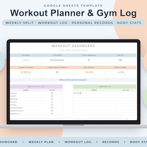 May include: A Google Sheets template for a workout planner and gym log displayed on a laptop screen. The dashboard features sections for weekly splits, workout logs, personal records, body stats, 60 exercises, an auto PR tracker, and unit options.