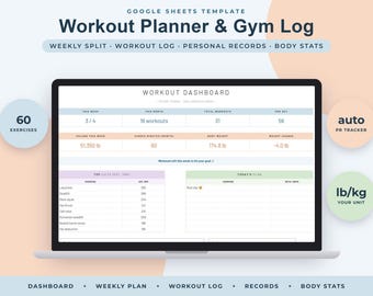 Workout Planner Google Sheets, Gym Log, Weekly Training Split, Personal Records, Fitness Tracker