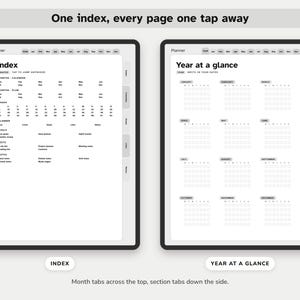 May include: A digital planner interface displayed on two screens. The left screen shows an index page with categories for months, weeks, goals, lists, and notes. The right screen displays a year at a glance calendar with monthly grids.