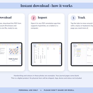 May include: An instructional graphic titled Instant download - how it works, featuring three steps: 1 Download, 2 Import, and 3 Track. Each step includes a tablet screen displaying a digital habit tracker journal with tabs, text, and a grid of circles.