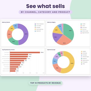 Peut inclure: Un tableau de bord de donn&eacute;es intitul&eacute; See what sells by channel, category and product. Il affiche quatre graphiques : un graphique en anneau pour les ventes par canal, un graphique en secteurs, un graphique &agrave; barres horizontales et un graphique en anneau.