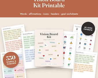 May include: A printable vision board kit featuring 24 pages of words, affirmations, icons, headers, and goal worksheets. The set includes 330 words and phrases and 48 icon cutouts in a PDF format compatible with letter and A4 paper sizes.