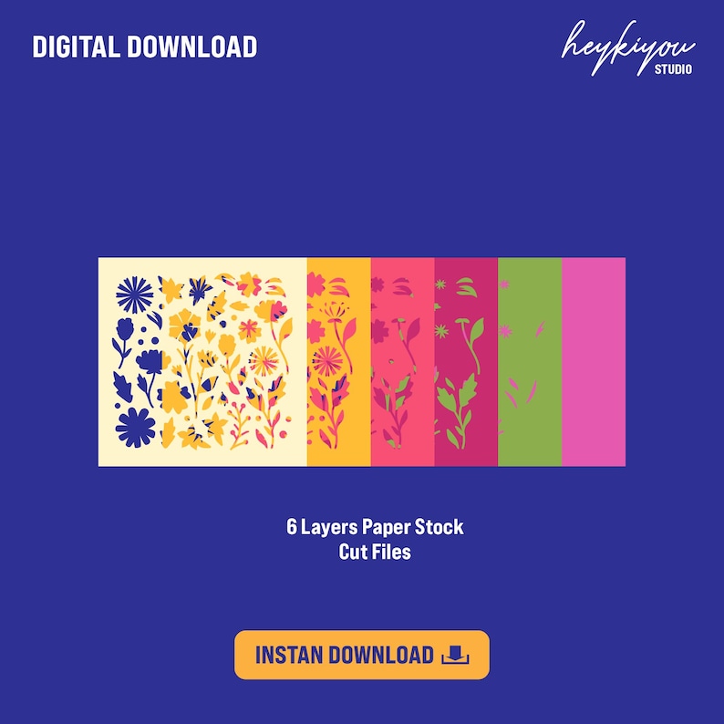 May include: Six layers of paper stock cut files featuring a floral design in yellow, orange, pink, green, and blue. The text "6 Layers Paper Stock Cut Files" is below the image. The text "INSTAN DOWNLOAD" is below the text.