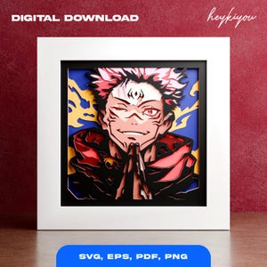 Puede incluir: Obra de arte en papel enmarcada que representa a un personaje con cabello rojo y blanco, guiñando un ojo y con las manos juntas. La obra está sobre un fondo azul y amarillo, con las palabras "DESCARGA DIGITAL" y "SVG, EPS, PDF, PNG".