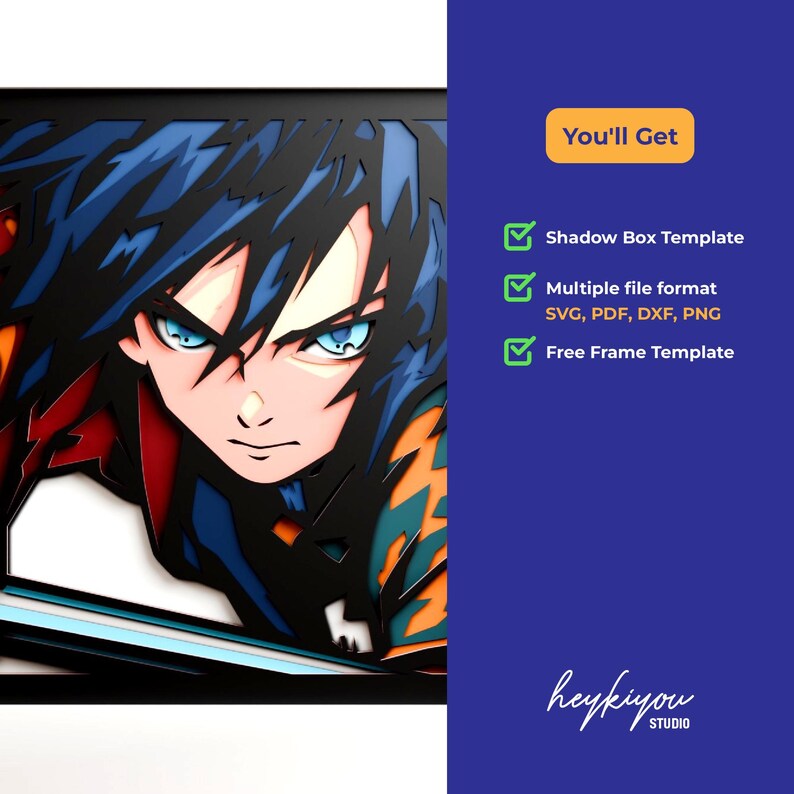 May include: A layered paper art shadow box depicting an anime character with blue hair and eyes. The artwork has a black background with orange and red details. The image includes text that says "You'll Get" and lists the included file formats, such as SVG and PDF.