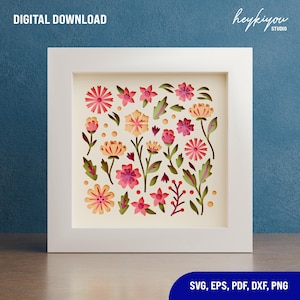 File SVG modello Shadow Box con fiori primaverili Boho per Cricut