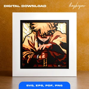 May include: A framed paper art piece featuring a layered illustration of an anime character in shades of yellow, orange, and black. The artwork is set against a yellow background, with the text "DIGITAL DOWNLOAD" at the top and "SVG, EPS, PDF, PNG" at the bottom.