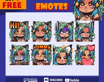 May include: A digital illustration of nine custom emotes featuring a green-haired character with cat ears. The emotes include expressions like "Hi!" "Yummy" and a lightbulb. The text "BUY 8 GET 4 FREE" and "CUSTOM EMOTES" are at the top of the image. The text "Ready To Use III High Quality 28px, 56px, 112px, 1024px" is at the bottom of the image.