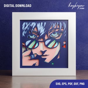 May include: A framed paper art piece featuring a stylized portrait of a person with blue hair and glasses. The artwork is layered with a white frame and the text "DIGITAL DOWNLOAD" and "SVG, EPS, PDF, DXF, PNG". The artist's name "heykiyou studio" is also visible.