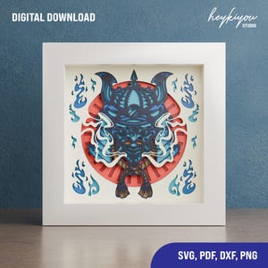May include: A digital download of a layered paper craft design featuring a samurai warrior mask with a red and white background. The design is perfect for creating a 3D paper art project.