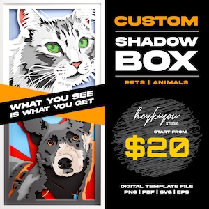 Könnte beinhalten: Individuelle Schattenbox-Kunst mit einer Katze und einem Hund. Das Kunstwerk ist weiß gerahmt und enthält den Text „WHAT YOU SEE IS WHAT YOU GET“. Das Design ist für Haustiere und Tiere, mit einer digitalen Vorlagendatei verfügbar.