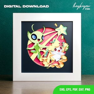 Könnte beinhalten: Gerahmter digitaler Kunstdruck mit einem geschichteten Papier-Schnitt-Design. Das Kunstwerk zeigt zwei Cartoon-Figuren in Grün und Weiß vor einem rosa-gelben Hintergrund. Der weiße Rahmen umgibt das Bild, mit "DIGITAL DOWNLOAD" oben.