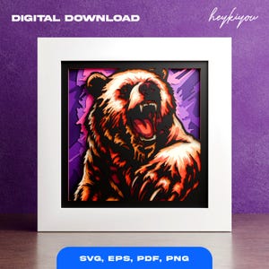 May include: A framed, layered paper art piece featuring a roaring bear with detailed fur in shades of brown, orange, and black. The artwork is set against a purple and pink background, with the words "DIGITAL DOWNLOAD" at the top and "SVG, EPS, PDF, PNG" at the bottom.