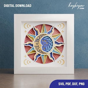 May include: A digital download of a sun and moon design with intricate details. The sun is yellow and gold with red rays. The moon is blue with a crescent shape and a leafy branch. The design is perfect for paper crafts, scrapbooking, and other creative projects.