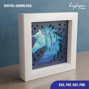 May include: A digital download of a layered paper cut design featuring a unicorn's head with a forest scene behind it. The design is in shades of blue and purple with white stars.