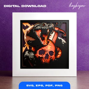 Puede incluir: Descarga digital enmarcada que presenta un diseño de arte en papel en capas. La obra de arte representa una serpiente negra con la boca abierta sobre una calavera naranja. El marco es blanco y el fondo es morado. El texto en la parte superior dice "DIGITAL DOWNLOAD".
