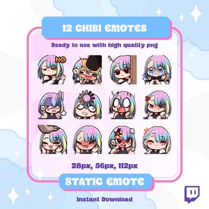Puede incluir: Un conjunto de 12 emoticonos Twitch estáticos que presentan un personaje chibi con diferentes expresiones. Los emoticonos están disponibles en tres tamaños: 28 px, 56 px y 112 px. El texto "12 CHIBI EMOTES" y "STATIC EMOTE" se muestra en la imagen.
