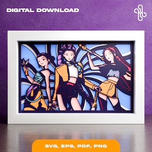May include: A framed paper art piece featuring three stylized figures in a layered design. The figures are depicted in a dynamic pose with a blue and white background. The frame is white, and the text "DIGITAL DOWNLOAD" is at the top. The bottom text reads "SVG, EPS, PDF, PNG".