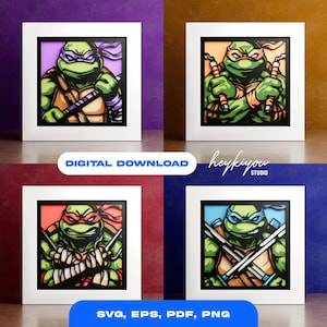 May include: Four framed art prints featuring the Teenage Mutant Ninja Turtles, each with a different colored mask and weapon. The art is a layered paper design with a white frame and a black border. The words "DIGITAL DOWNLOAD" and "SVG, EPS, PDF, PNG" are also visible.