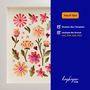 May include: A digital download of a shadow box template featuring a floral design with pink, yellow, and green flowers. The template is available in SVG, PDF, DXF, and PNG file formats. You'll Get Shadow Box Template Multiple file format SVG, PDF, DXF, PNG heykiyou STUDIO